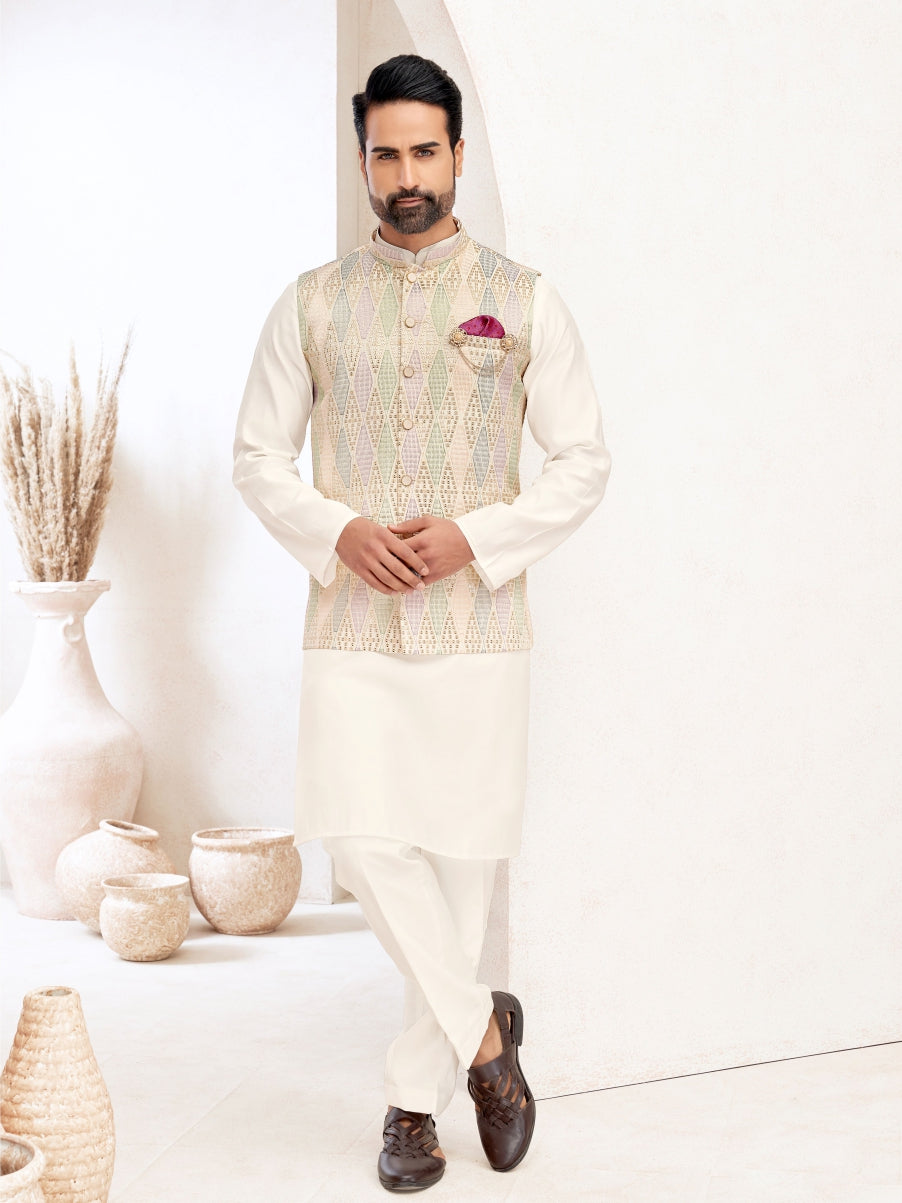 Geometric diamond patterned Nehru jacket with off white silk kurta & pants