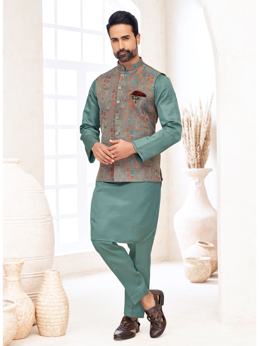 FLORAL PATTERNED JACKET WITH TEAL COLOURED KURTA AND PANTS