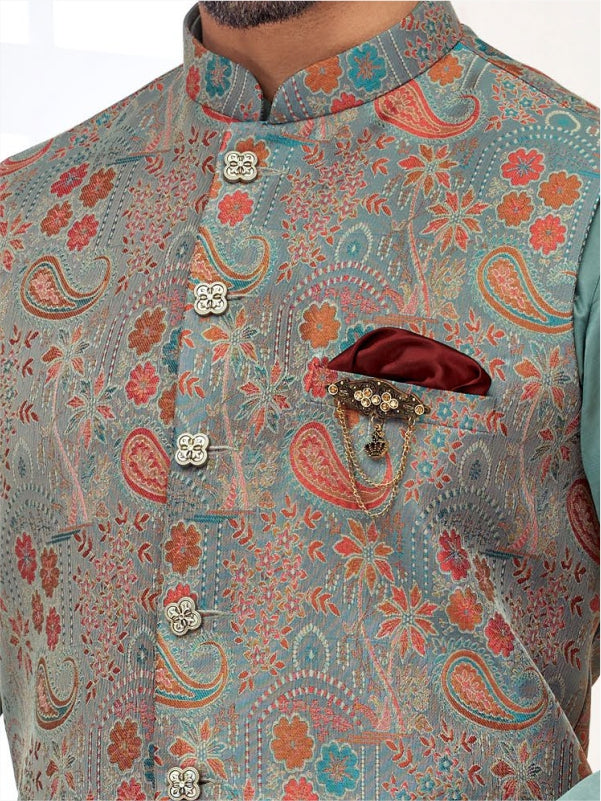 FLORAL PATTERNED JACKET WITH TEAL COLOURED KURTA AND PANTS