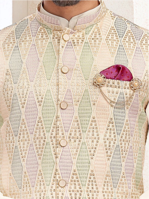 Geometric diamond patterned Nehru jacket with off white silk kurta & pants