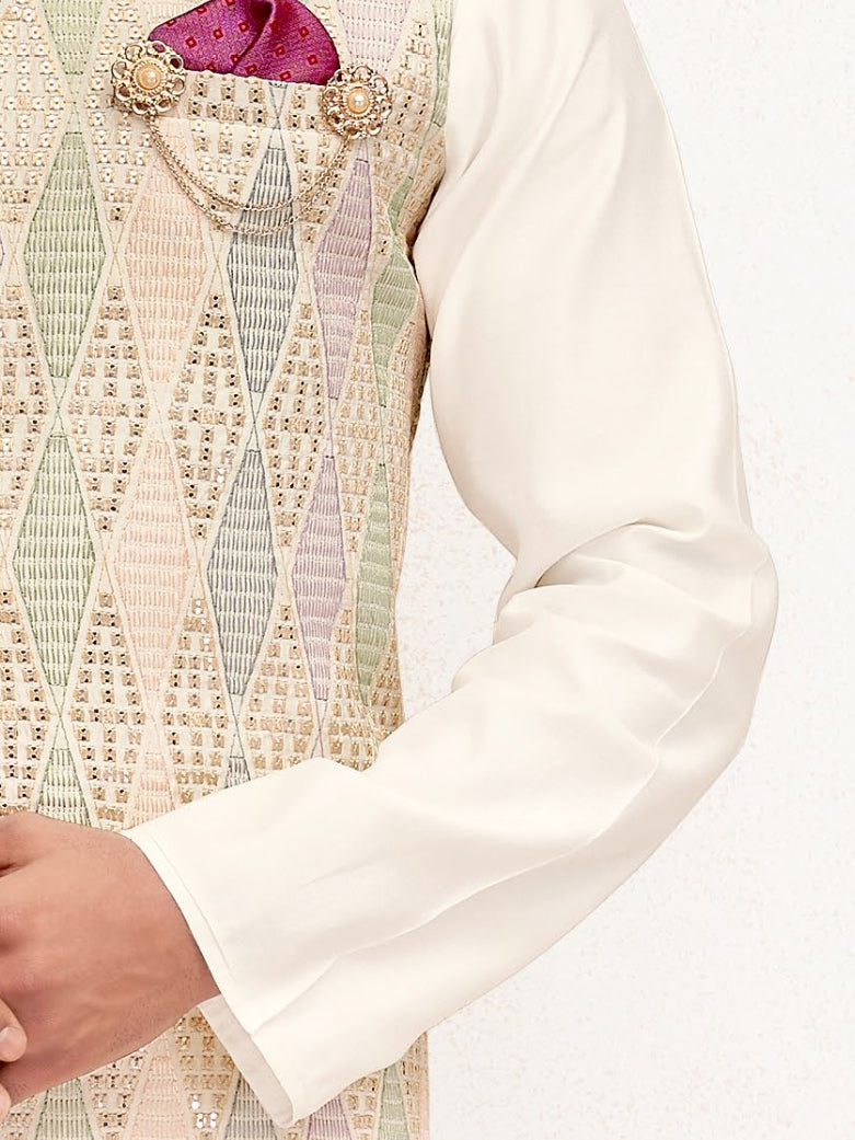 Geometric diamond patterned Nehru jacket with off white silk kurta & pants