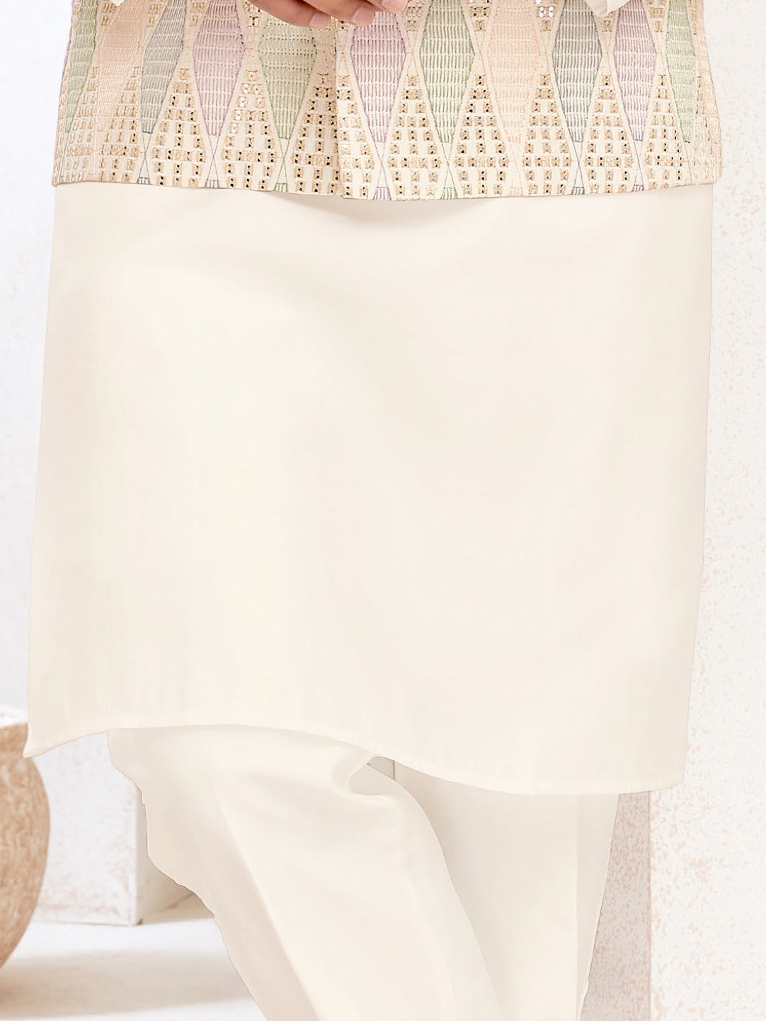 Geometric diamond patterned Nehru jacket with off white silk kurta & pants